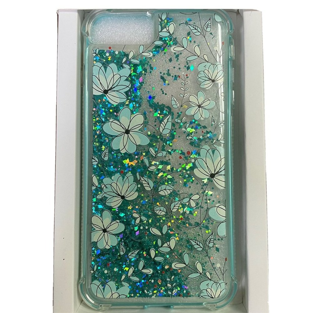 Clear Case with Blue Flowers and Floating Glitter iPhone 6S Plus 7 Plus 8 Plus